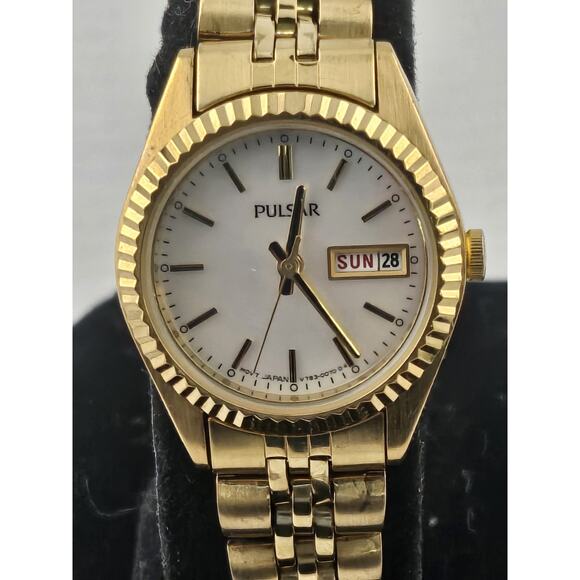 Vintage Pulsar Ladies V783-0030 Presidential Style Bezel Day Date Quartz Watch - Picture 1 of 9
